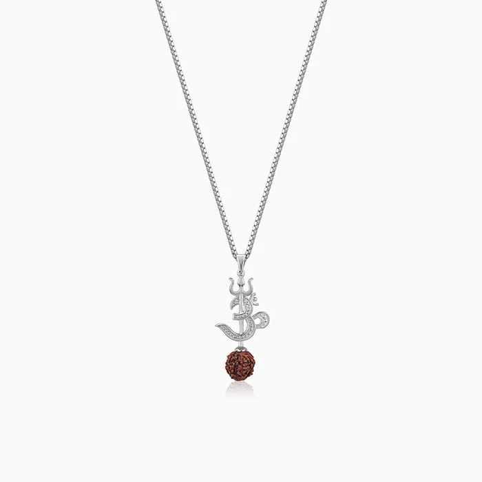 Silver Om Trishul Rudraksha Pendant With Box Chain For Him